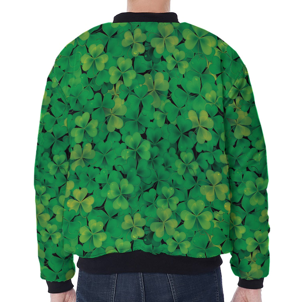 Green Shamrock Leaf Pattern Print Zip Sleeve Bomber Jacket