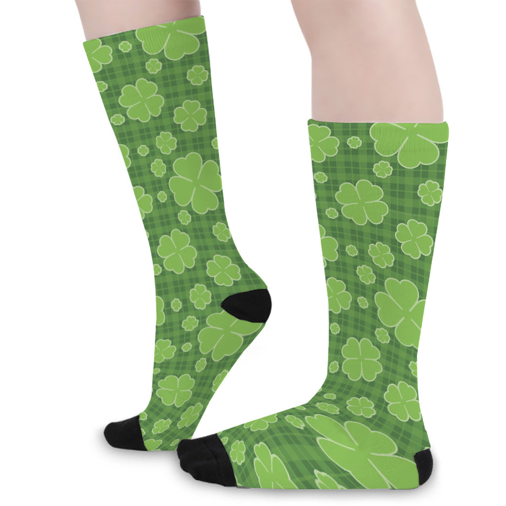 Green Shamrock Plaid Pattern Print Long Socks