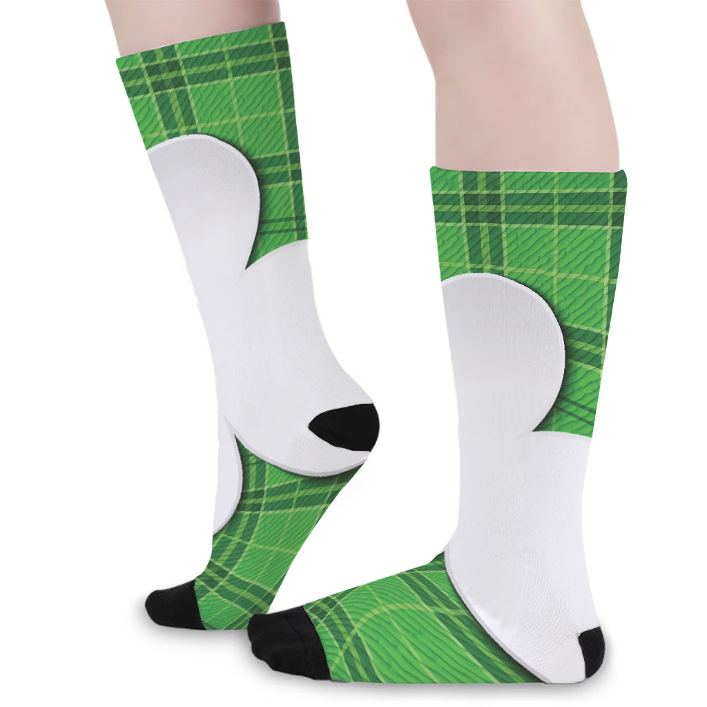 Green Shamrock Tartan Print Long Socks