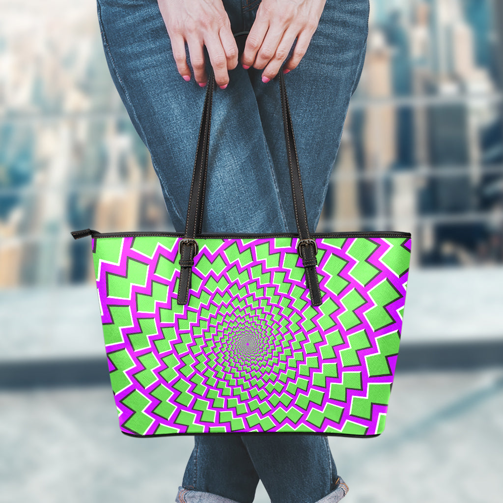 Green Shapes Moving Optical Illusion Leather Tote Bag