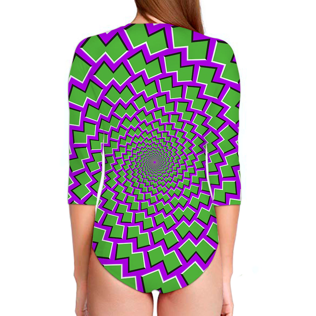 Green Shapes Moving Optical Illusion Long Sleeve Swimsuit