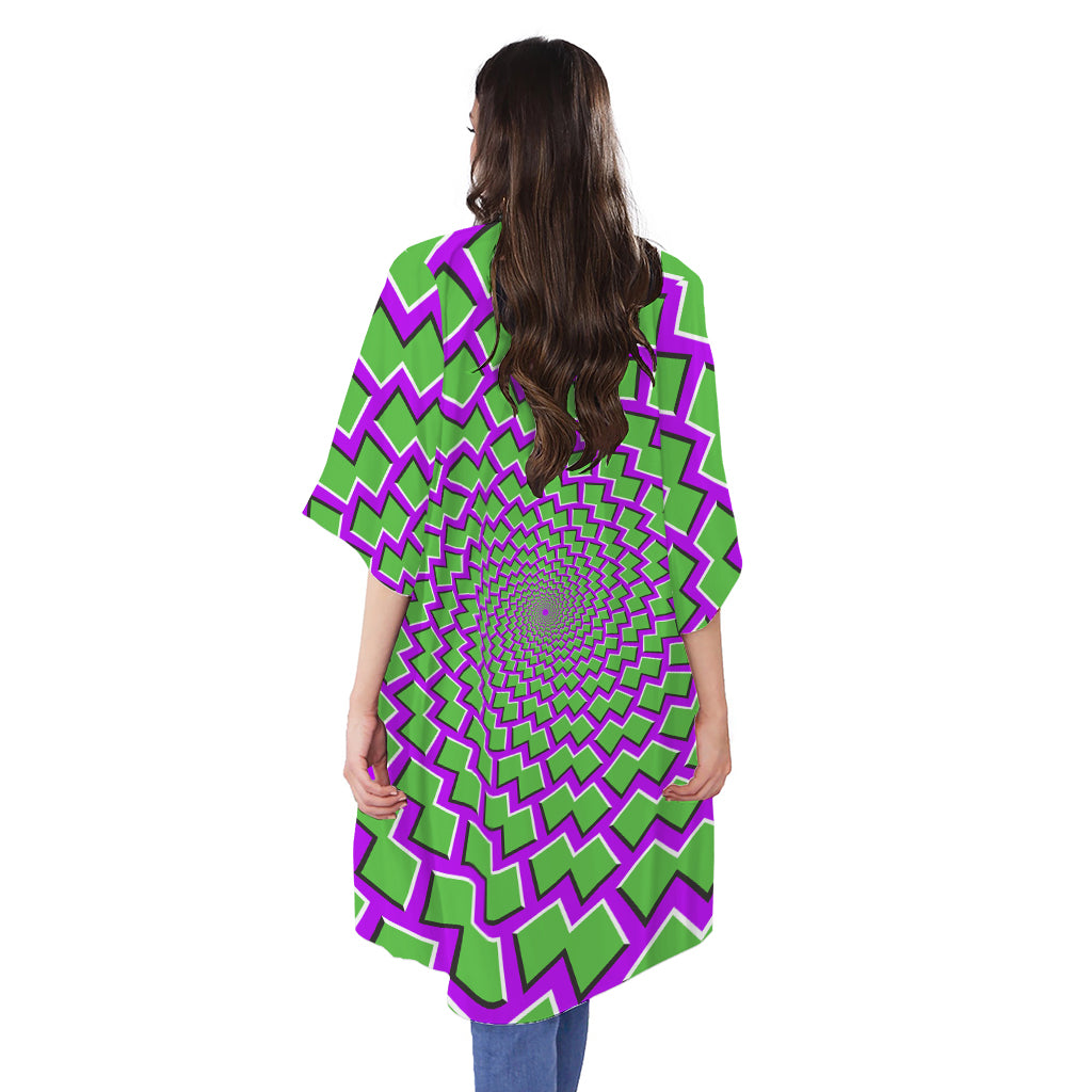 Green Shapes Moving Optical Illusion Open Front Beach Cover Up