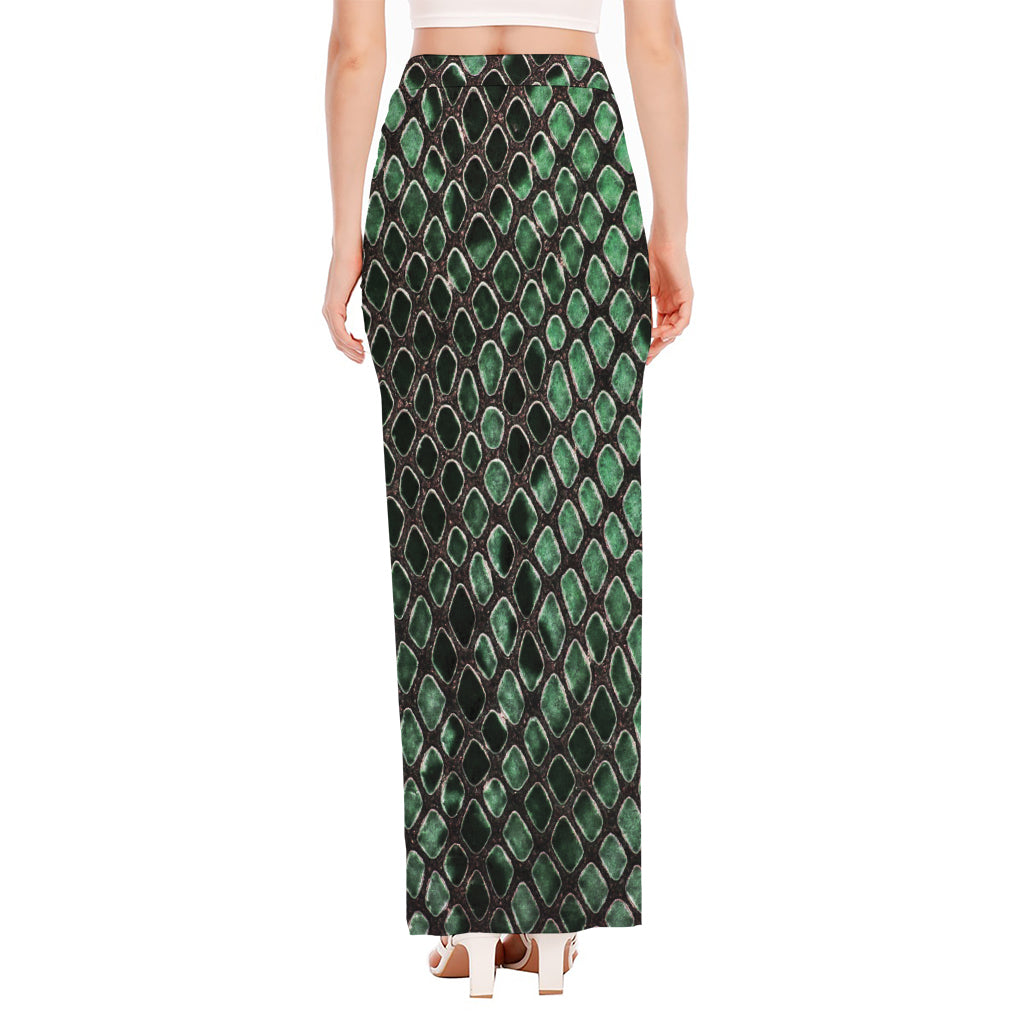 Green Snakeskin Print High Slit Maxi Skirt