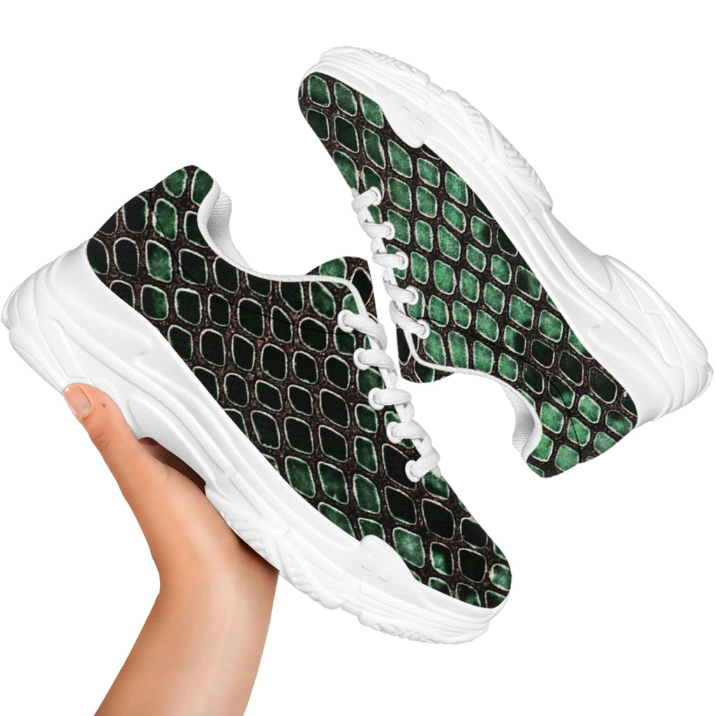 Green Snakeskin Print White Chunky Shoes