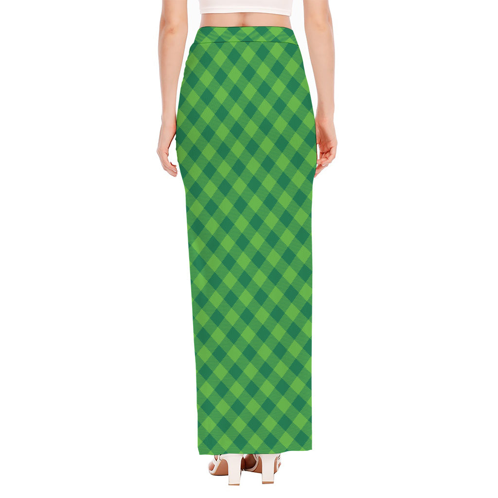 Green St. Patrick's Day Plaid Print High Slit Maxi Skirt
