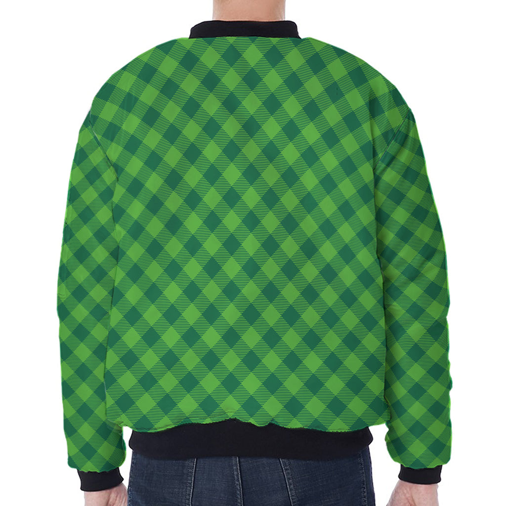 Green St. Patrick's Day Plaid Print Zip Sleeve Bomber Jacket