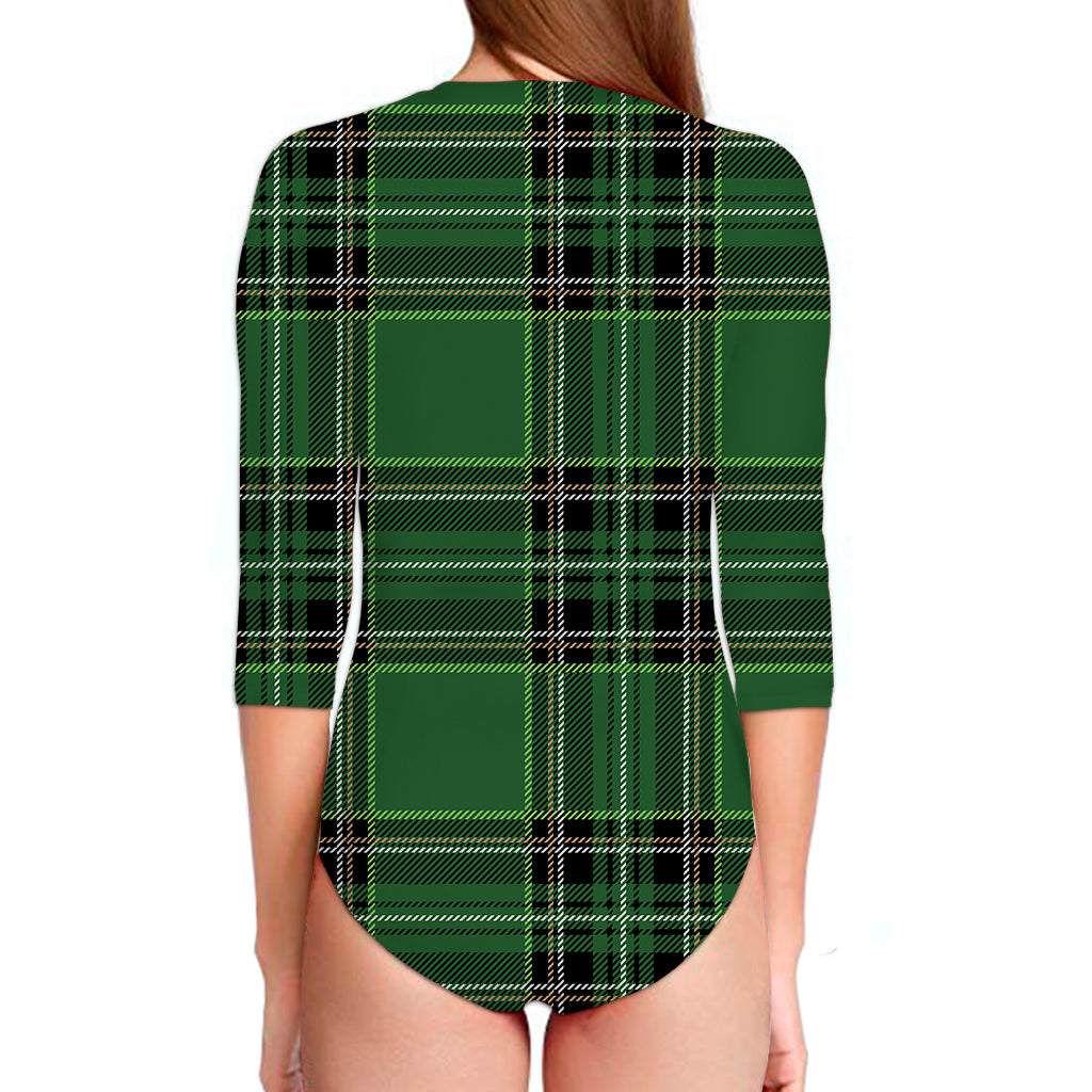 Green Stewart Tartan Pattern Print Long Sleeve Swimsuit