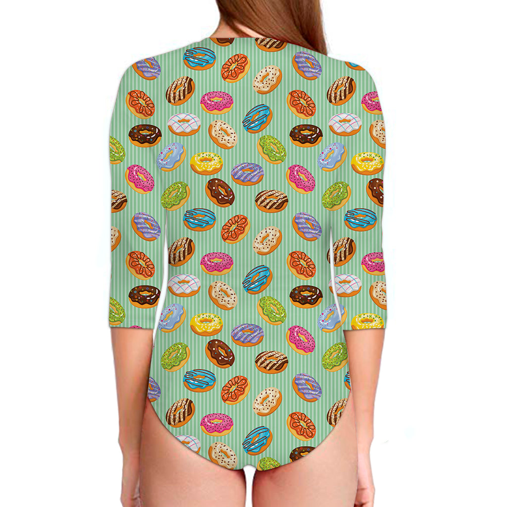 Green Striped Donut Pattern Print Long Sleeve Swimsuit