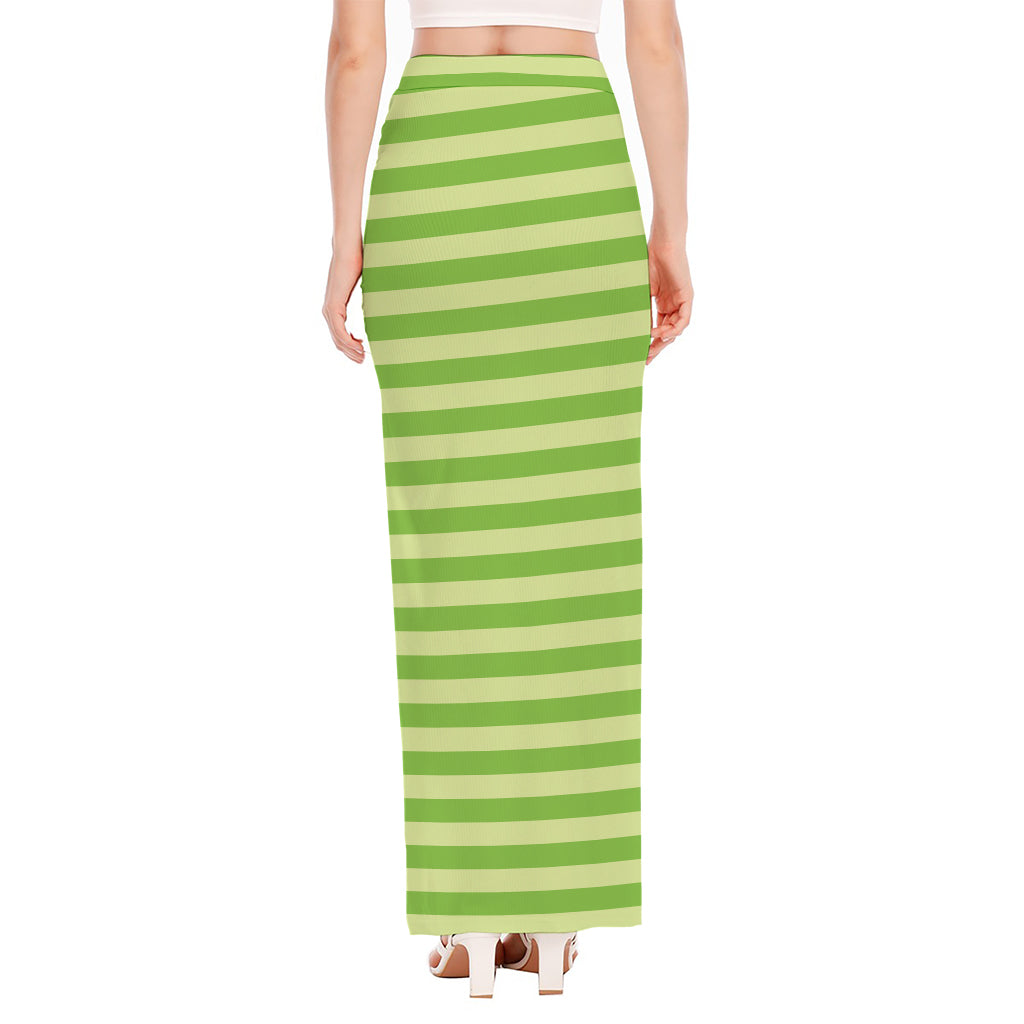 Green Striped Pattern Print High Slit Maxi Skirt