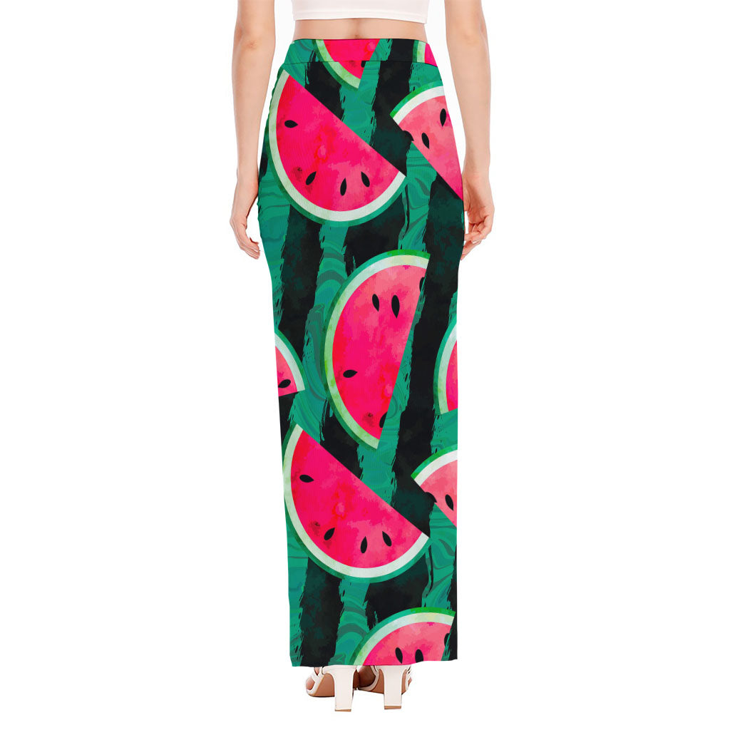 Green Striped Watermelon Pattern Print High Slit Maxi Skirt