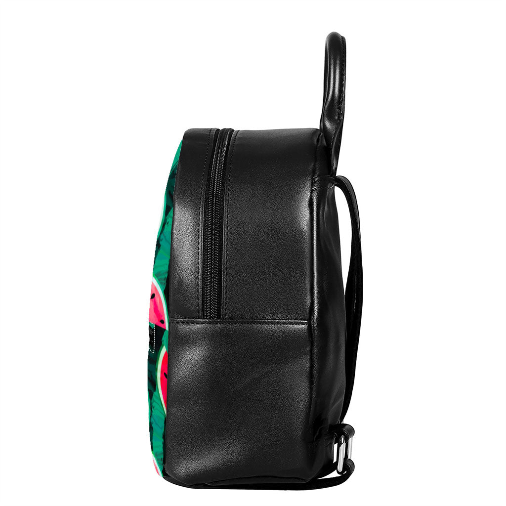 Green Striped Watermelon Pattern Print Leather Backpack