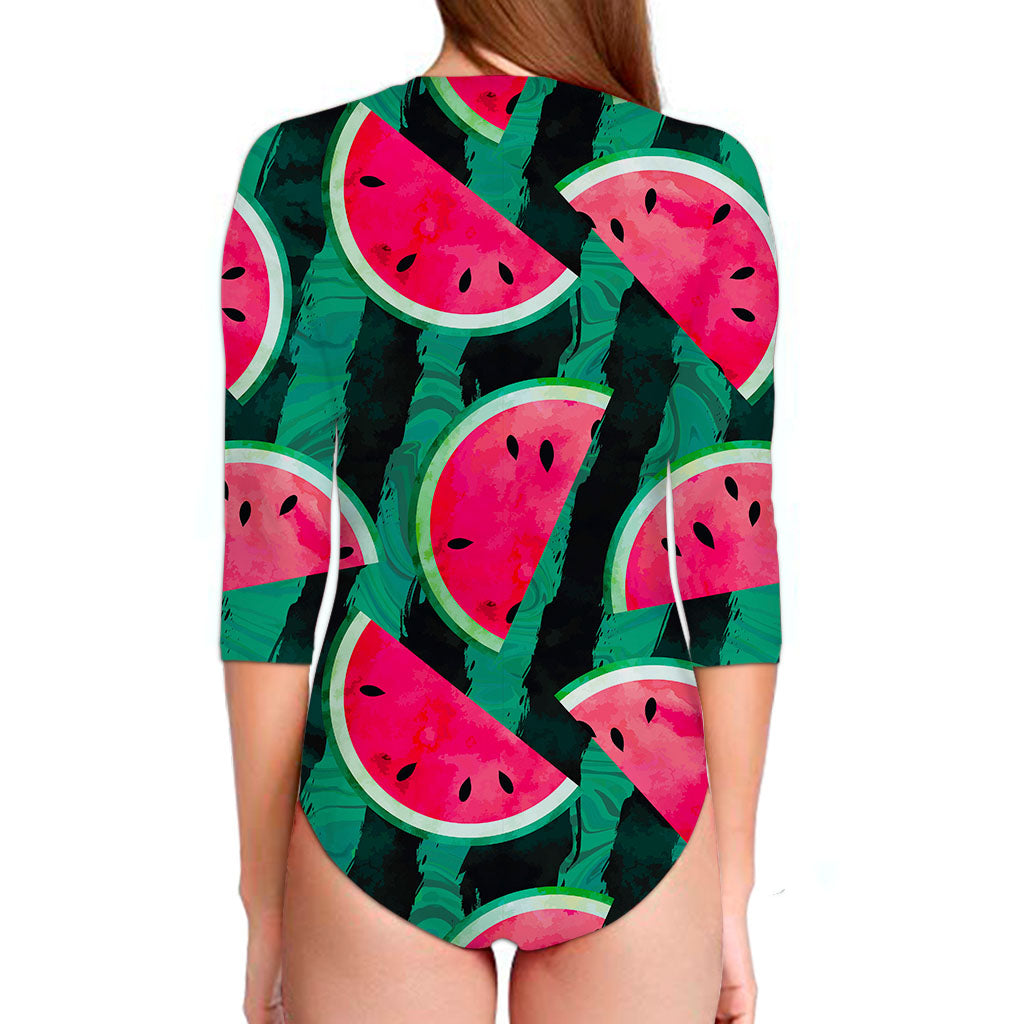 Green Striped Watermelon Pattern Print Long Sleeve Swimsuit