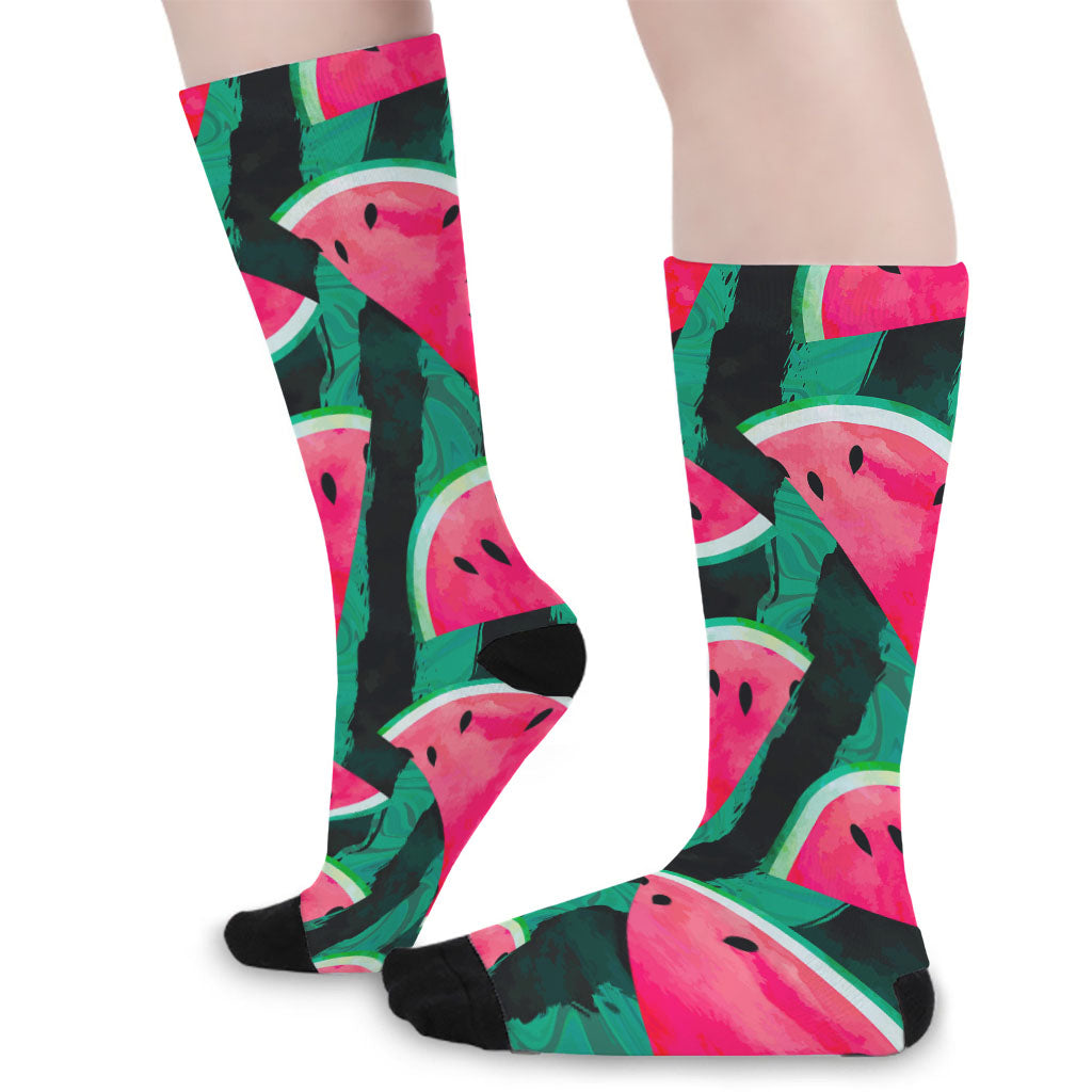 Green Striped Watermelon Pattern Print Long Socks