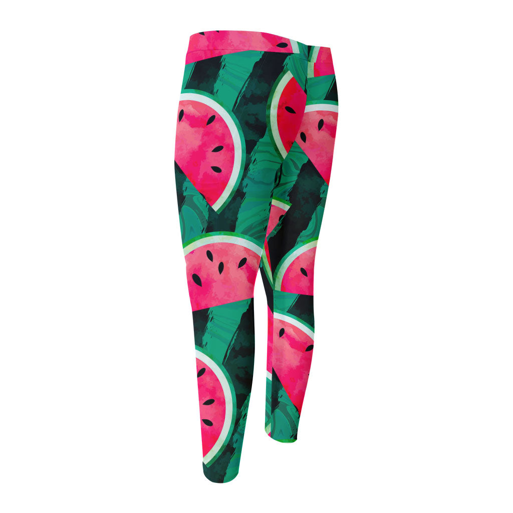 Green Striped Watermelon Pattern Print Men's Compression Pants