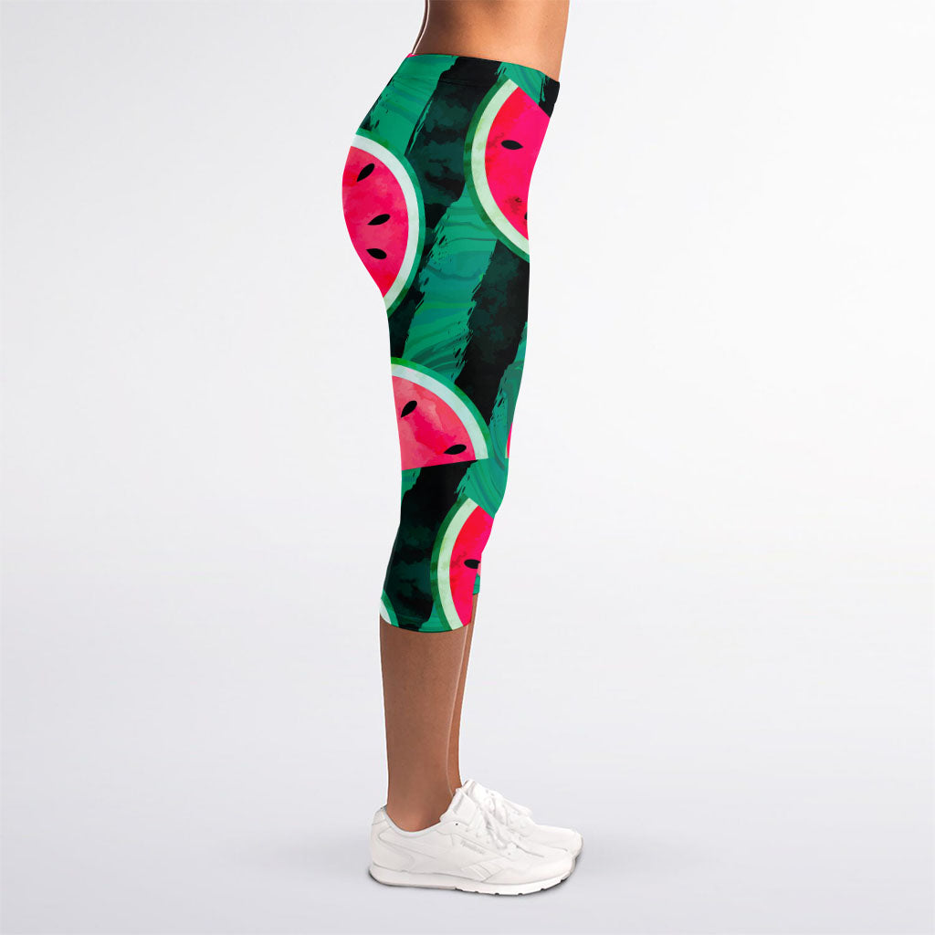 Green Striped Watermelon Pattern Print Women's Capri Leggings