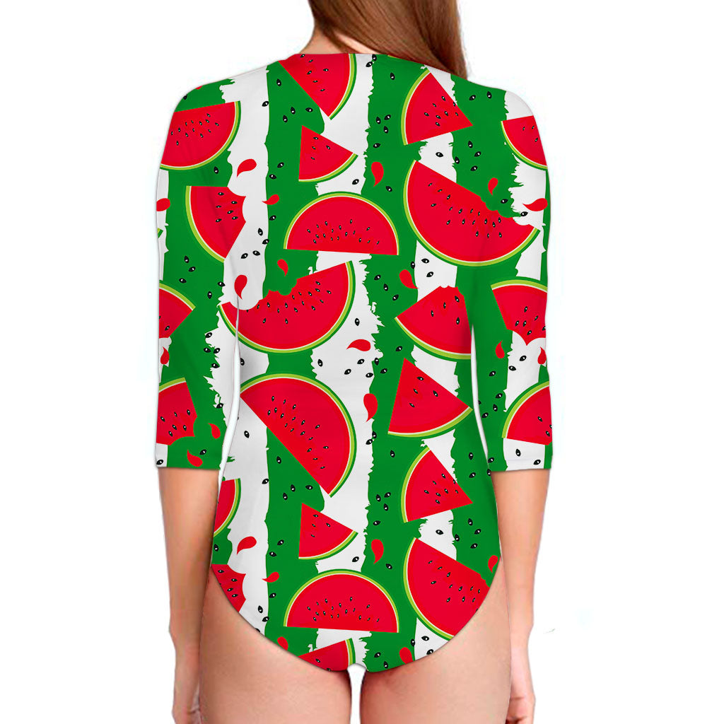 Green Stripes Watermelon Pattern Print Long Sleeve Swimsuit
