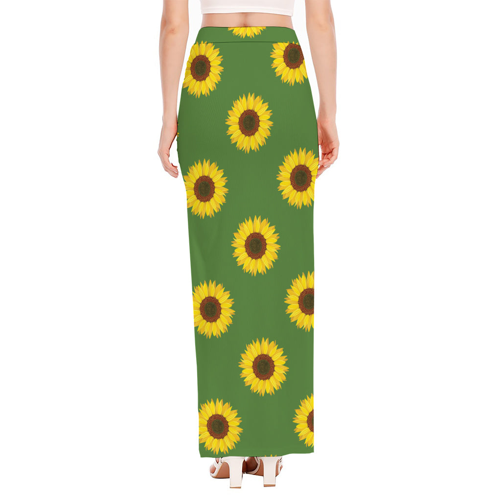 Green Sunflower Pattern Print High Slit Maxi Skirt