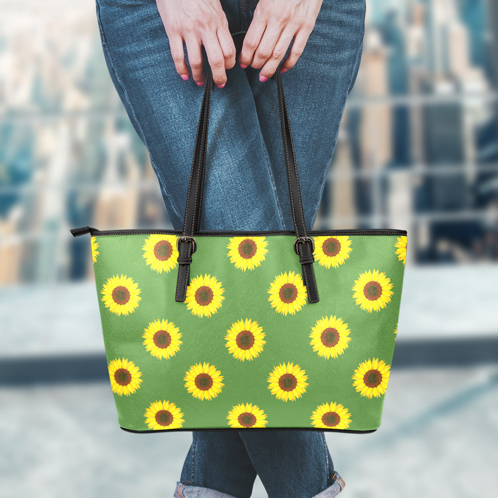Green Sunflower Pattern Print Leather Tote Bag