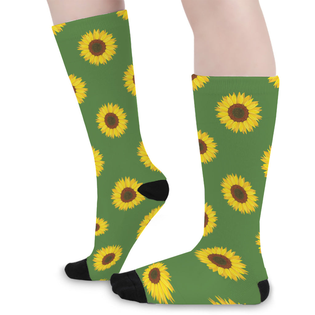 Green Sunflower Pattern Print Long Socks