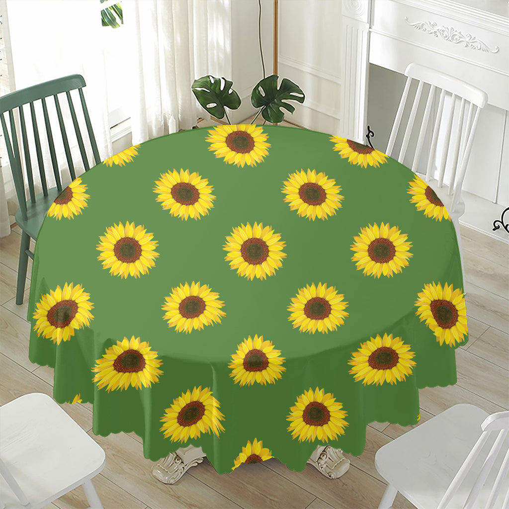 Green Sunflower Pattern Print Waterproof Round Tablecloth