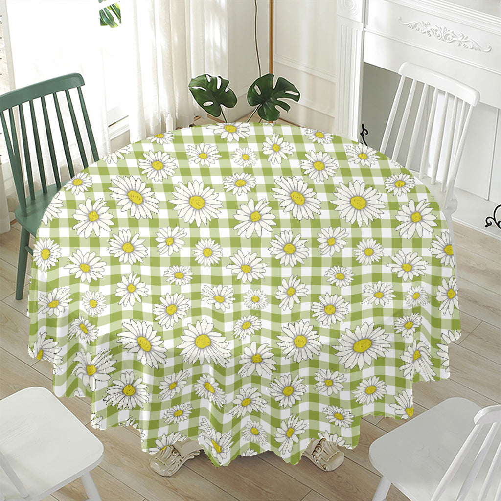 Green Tartan Daisy Pattern Print Waterproof Round Tablecloth