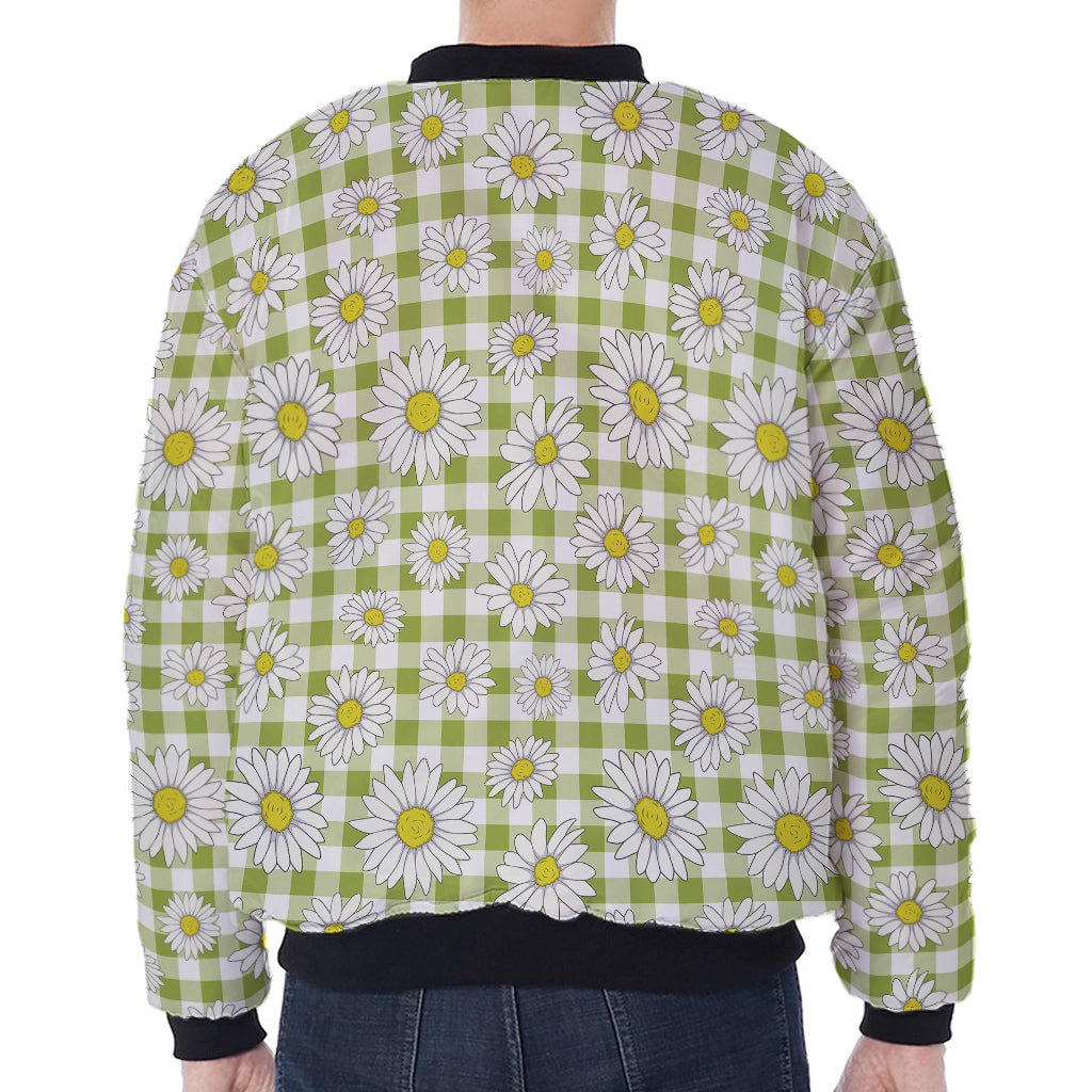 Green Tartan Daisy Pattern Print Zip Sleeve Bomber Jacket