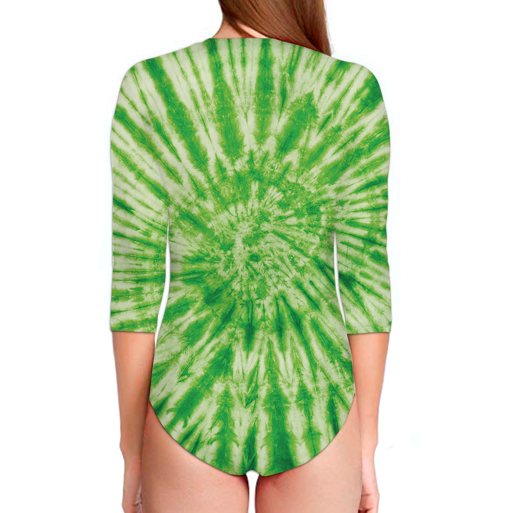 Green Tie Dye Print Long Sleeve Swimsuit