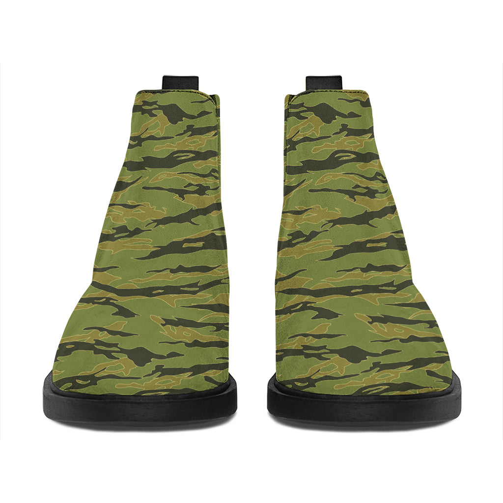 Green Tiger Stripe Camo Pattern Print Flat Ankle Boots