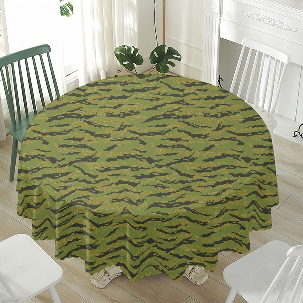 Green Tiger Stripe Camo Pattern Print Waterproof Round Tablecloth