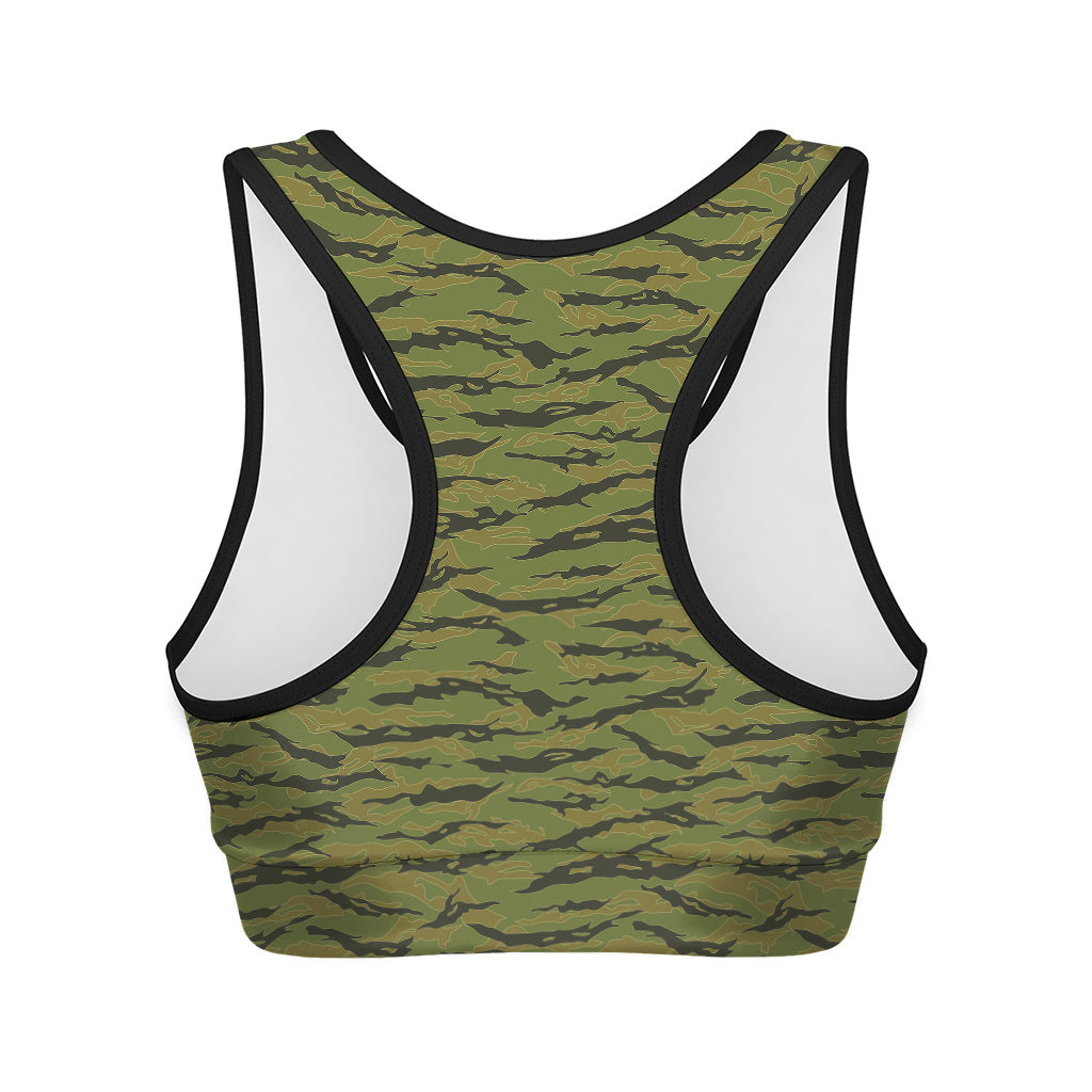 Green Tiger Stripe Camo Pattern Print Women's Sports Bra