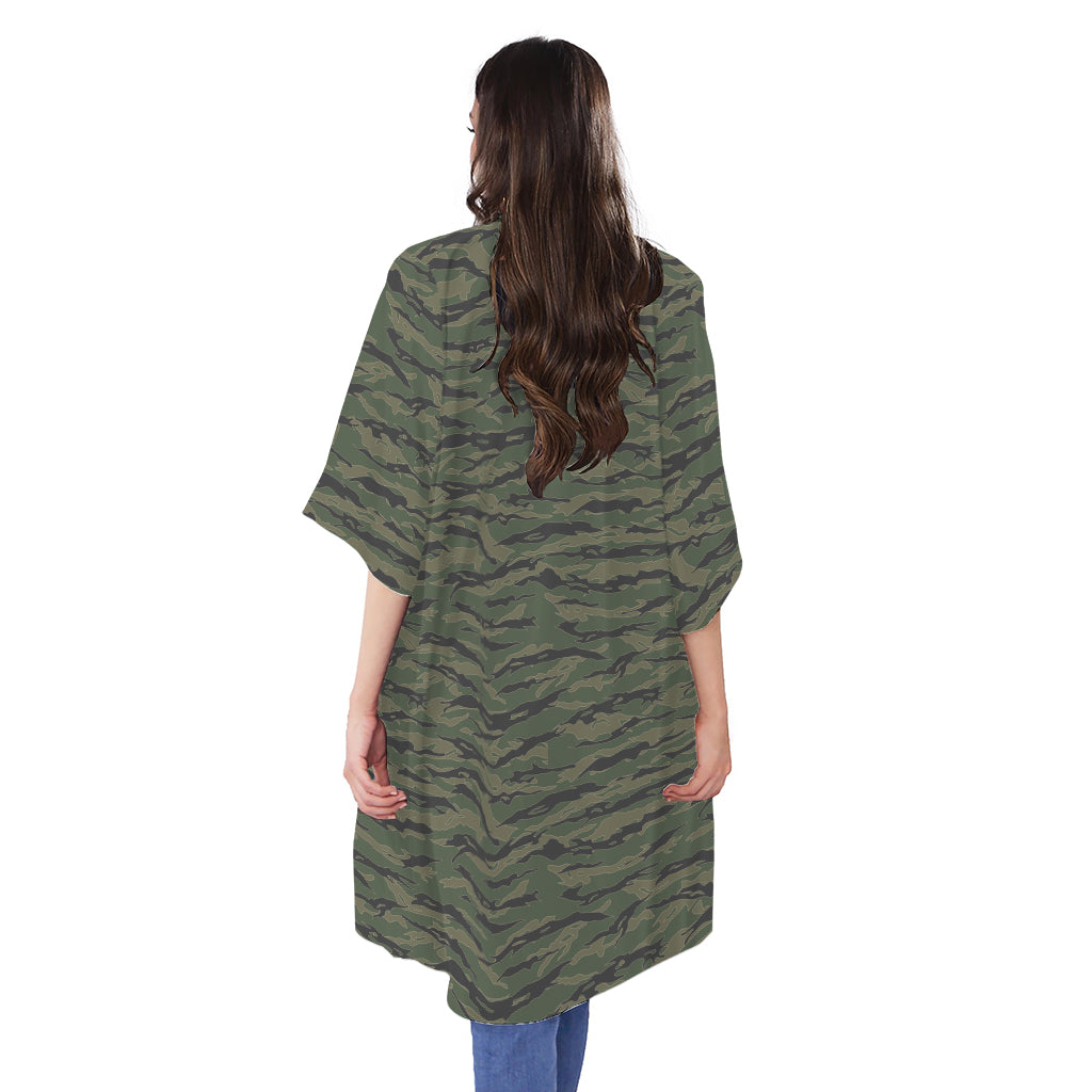 Green Tiger Stripe Camouflage Print Open Front Beach Cover Up