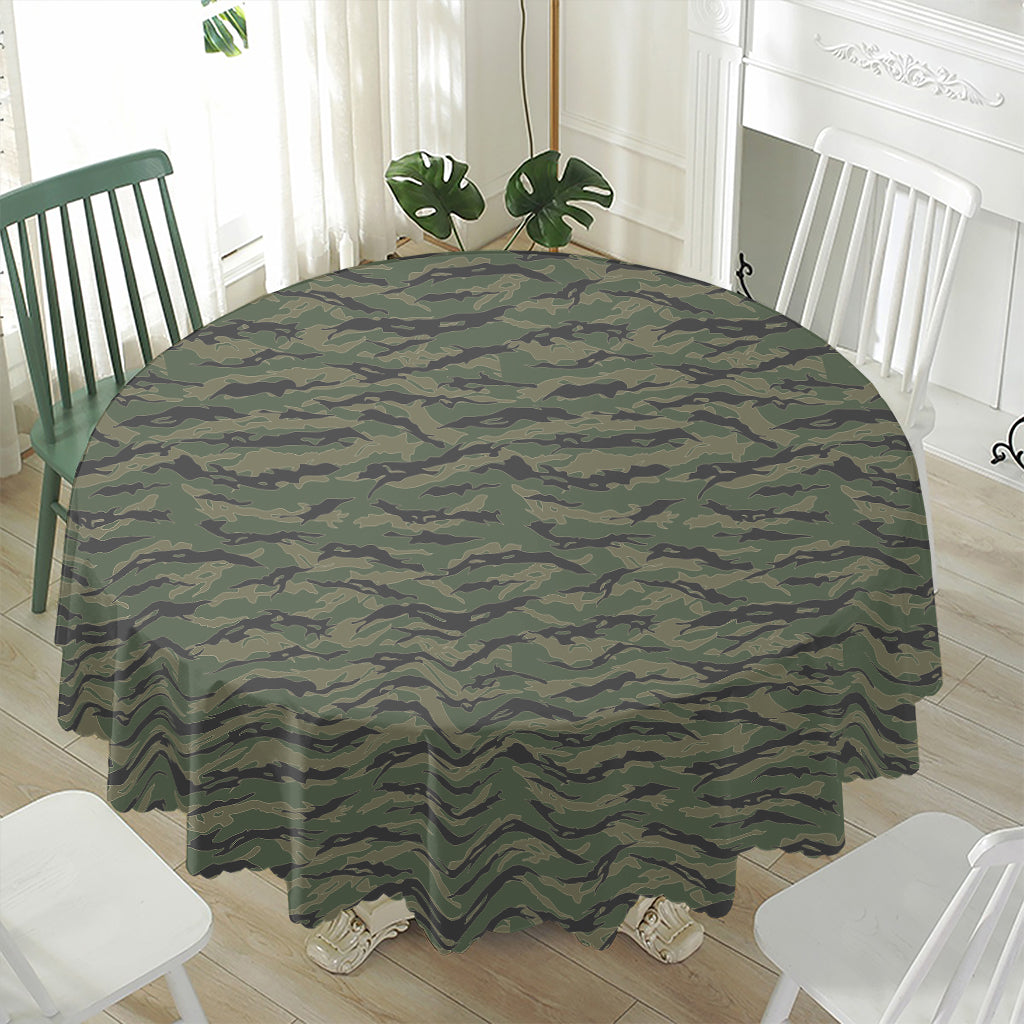 Green Tiger Stripe Camouflage Print Waterproof Round Tablecloth
