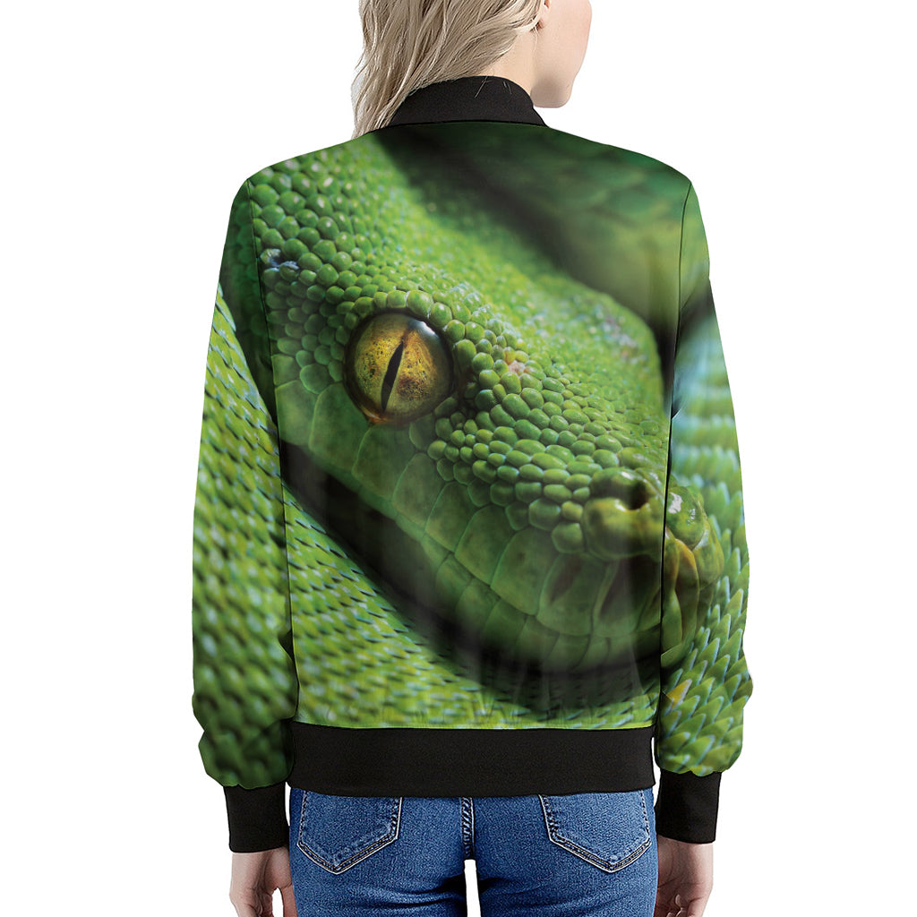 Green Tree Python Snake Print Women's Bomber Jacket