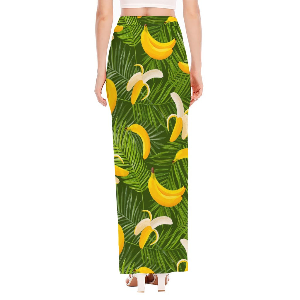 Green Tropical Banana Pattern Print High Slit Maxi Skirt