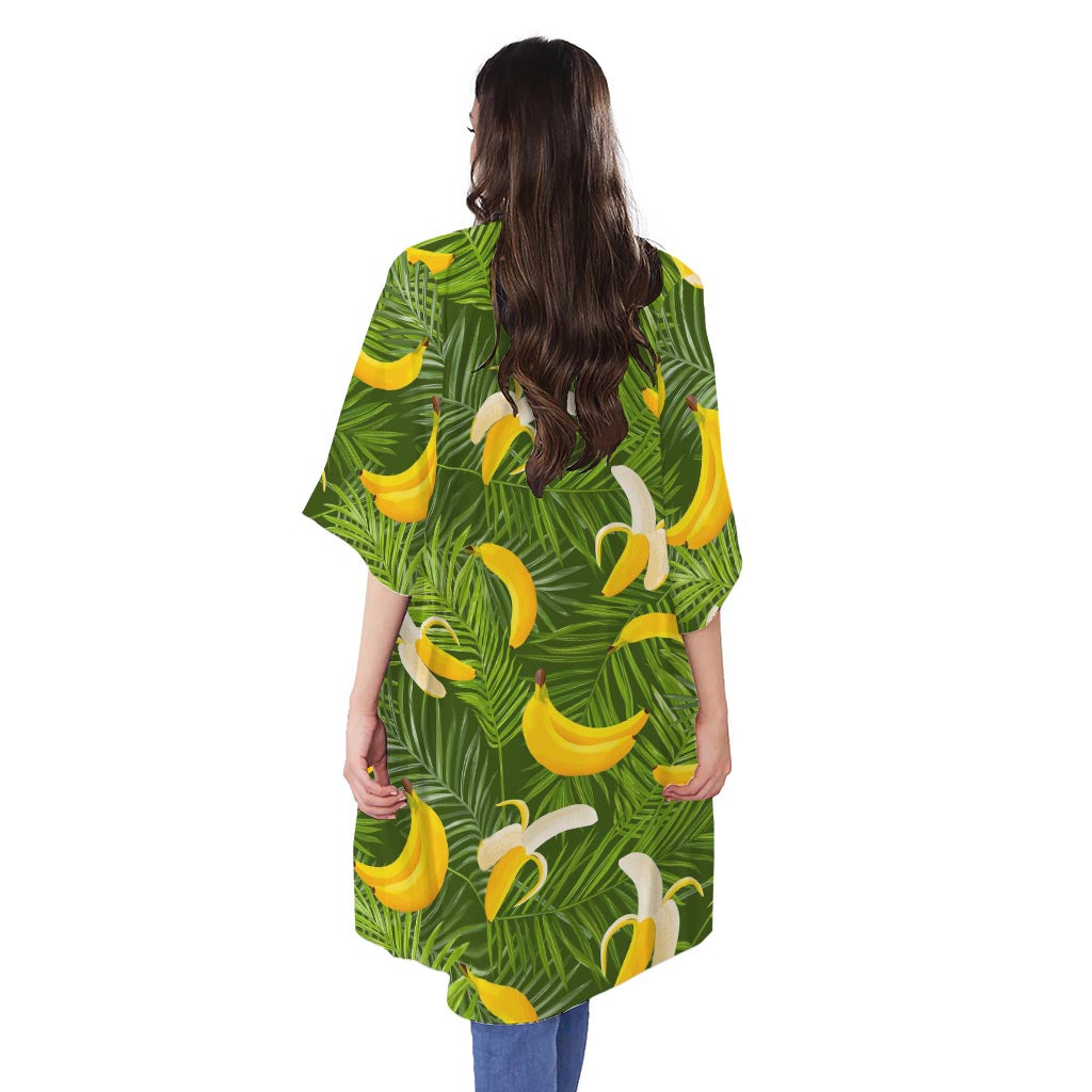 Green Tropical Banana Pattern Print Open Front Beach Cover Up