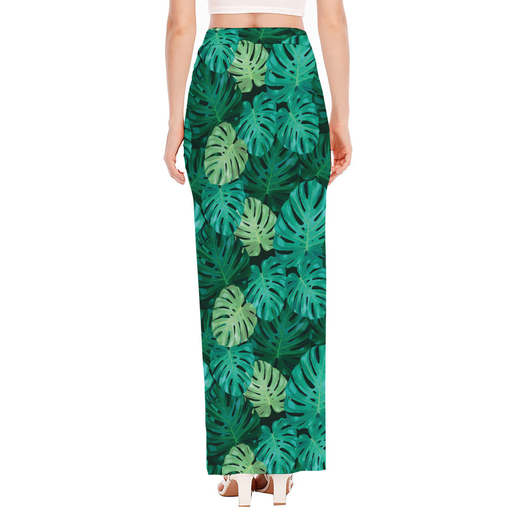 Green Tropical Monstera Pattern Print High Slit Maxi Skirt