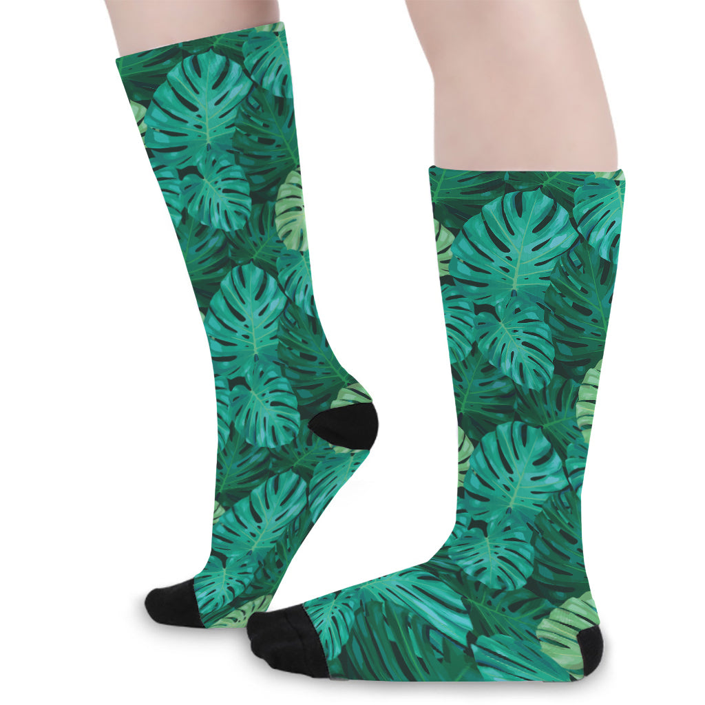 Green Tropical Monstera Pattern Print Long Socks