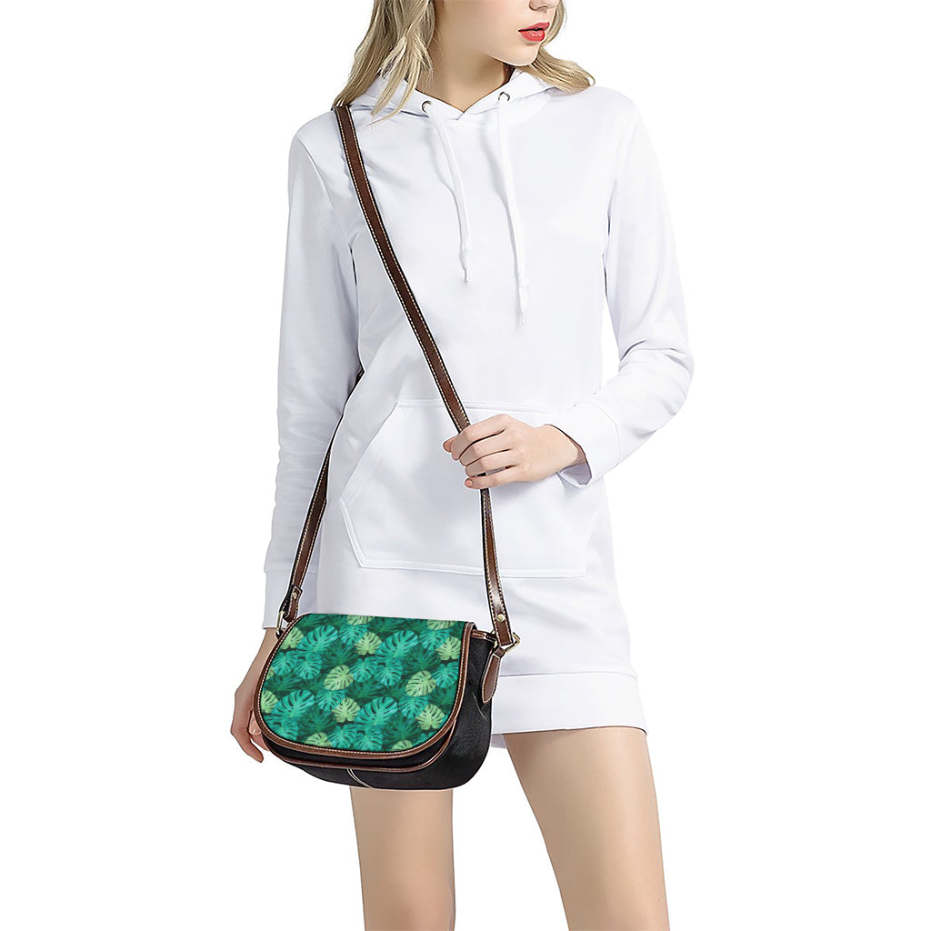Green Tropical Monstera Pattern Print Saddle Bag