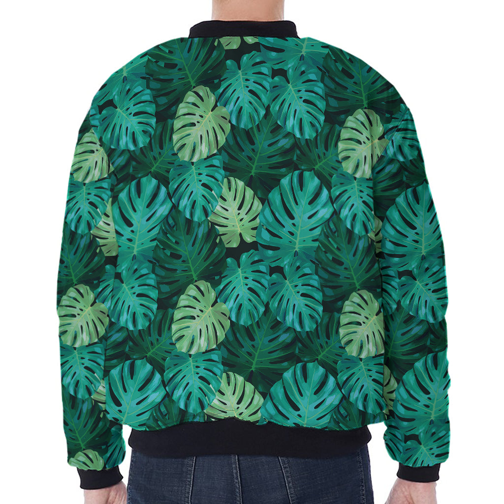 Green Tropical Monstera Pattern Print Zip Sleeve Bomber Jacket