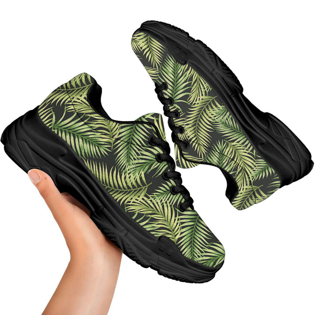 Green Tropical Palm Leaf Pattern Print Black Chunky Shoes