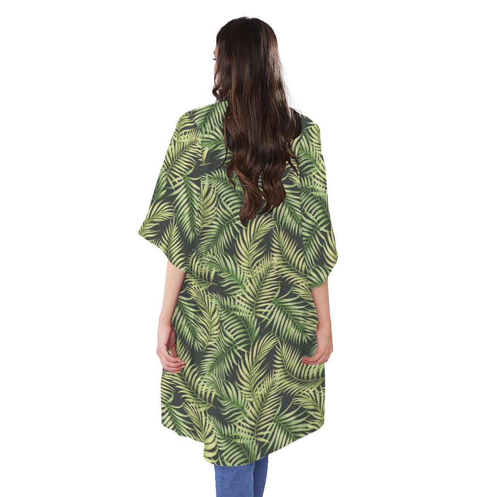 Green Tropical Palm Leaf Pattern Print Open Front Beach Cover Up