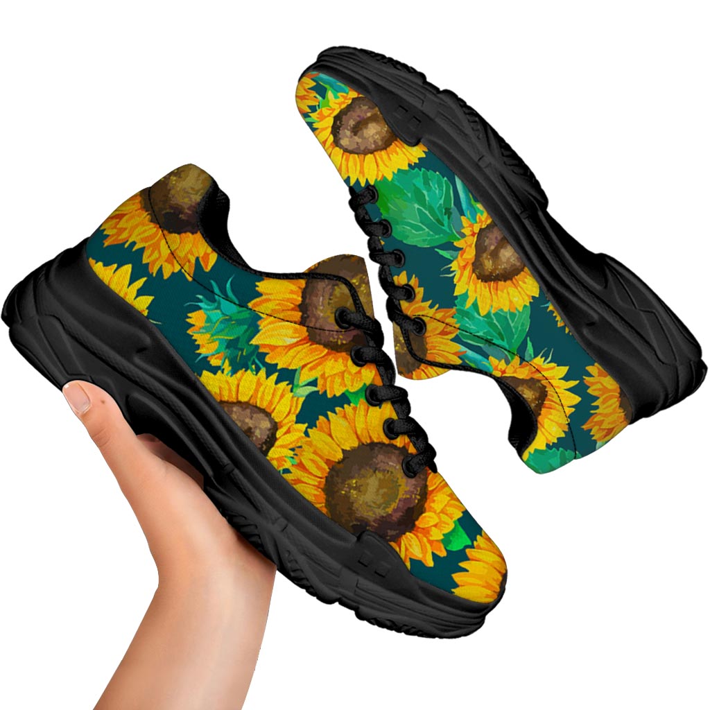 Green Watercolor Sunflower Pattern Print Black Chunky Shoes