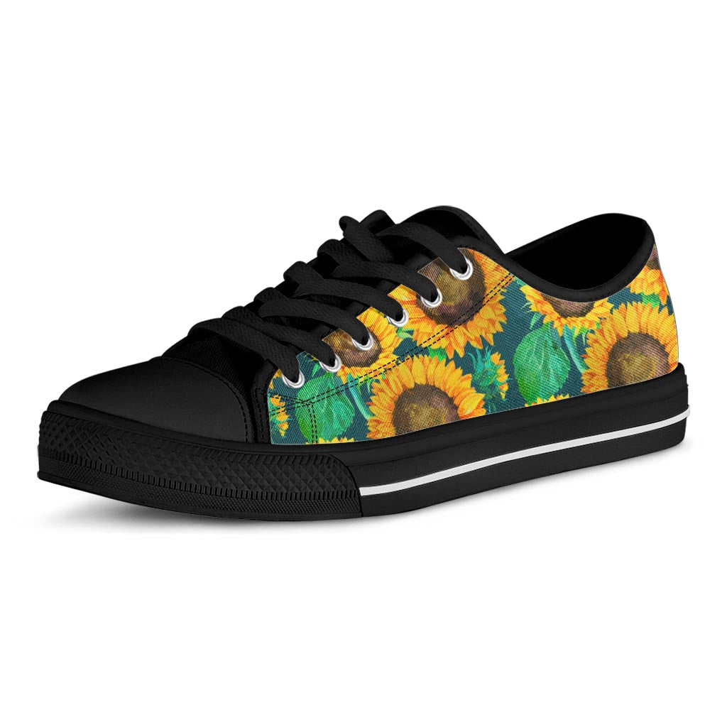 Green Watercolor Sunflower Pattern Print Black Low Top Sneakers