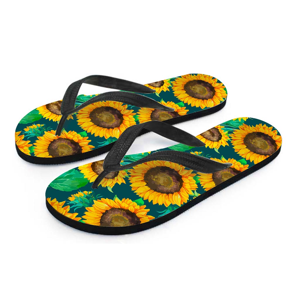 Green Watercolor Sunflower Pattern Print Flip Flops
