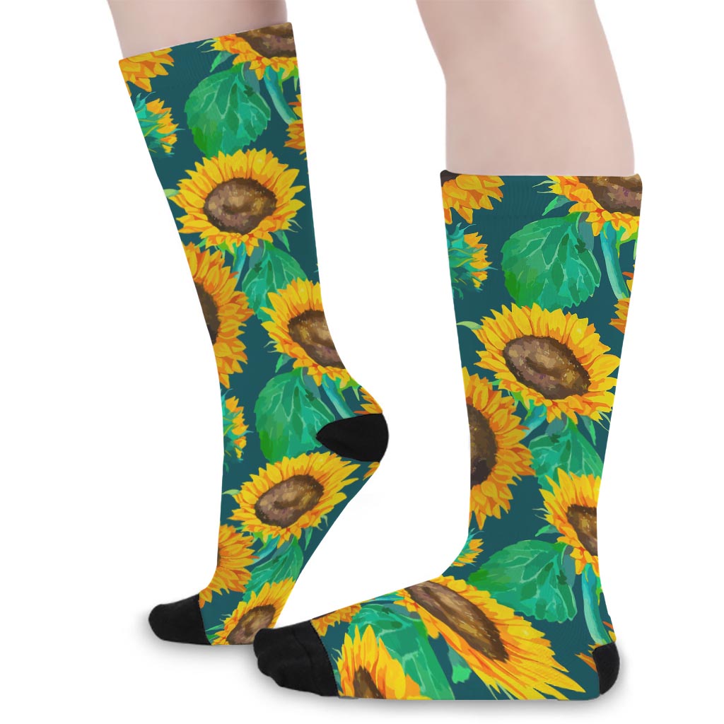 Green Watercolor Sunflower Pattern Print Long Socks
