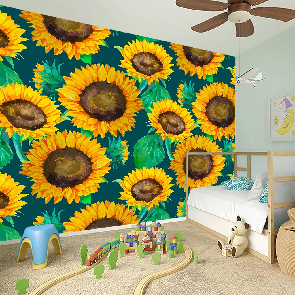Green Watercolor Sunflower Pattern Print Wall Sticker