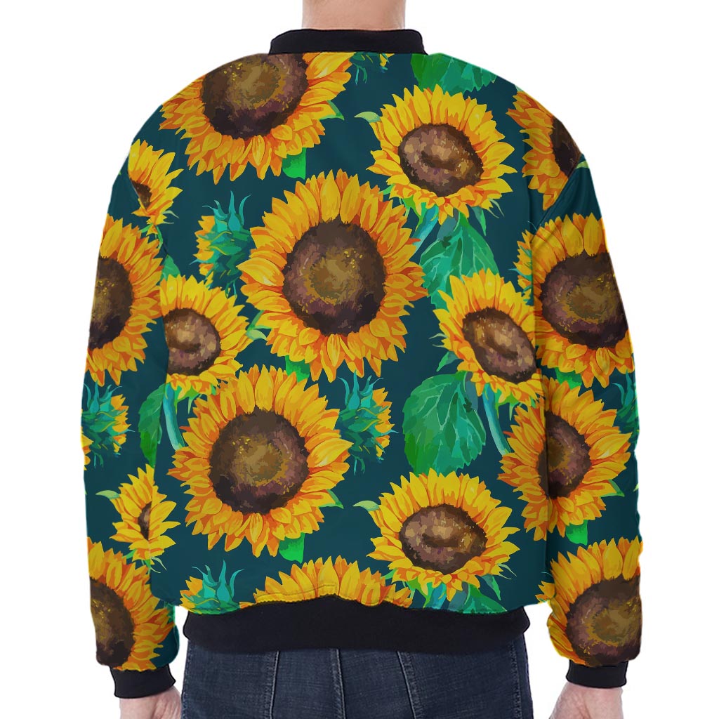 Green Watercolor Sunflower Pattern Print Zip Sleeve Bomber Jacket