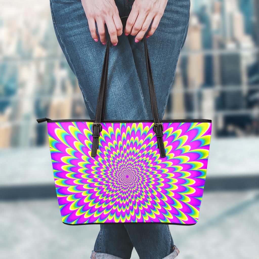 Green Wave Moving Optical Illusion Leather Tote Bag