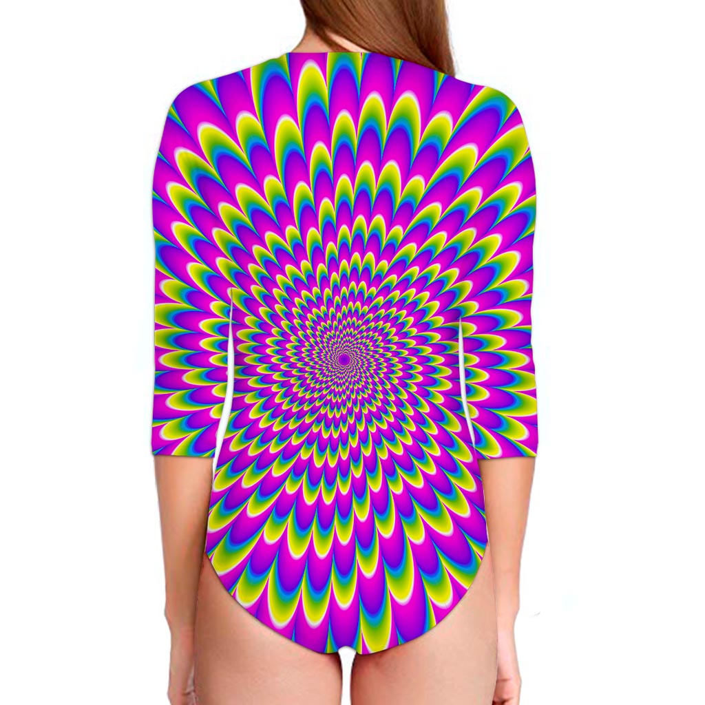 Green Wave Moving Optical Illusion Long Sleeve Swimsuit