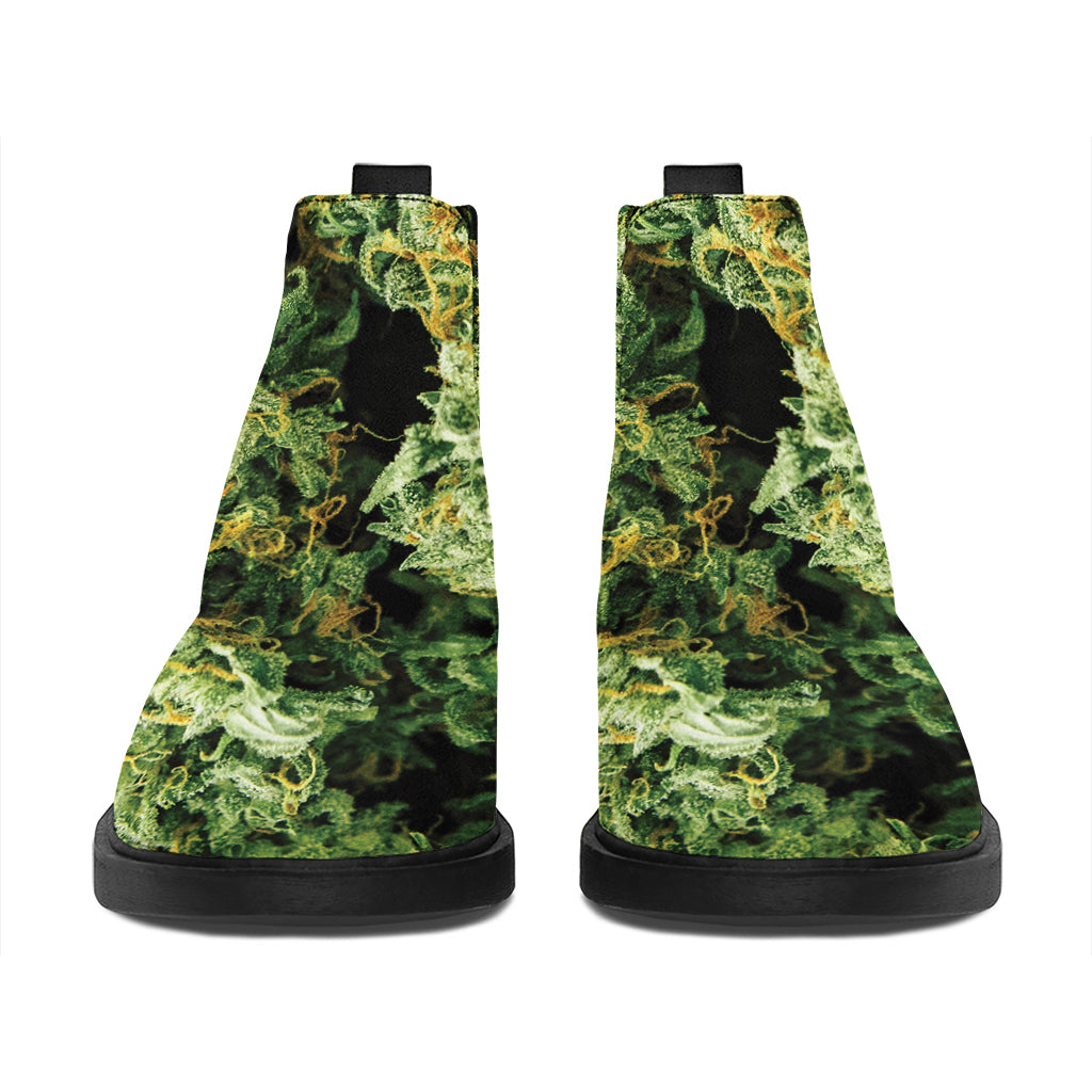 Green Weed Print Flat Ankle Boots